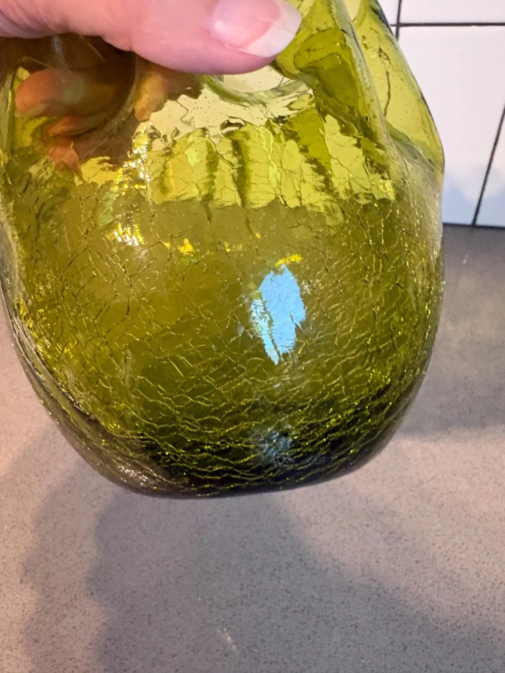 Blenko crackle glass bowl / vase with ruffled rim - avocado green